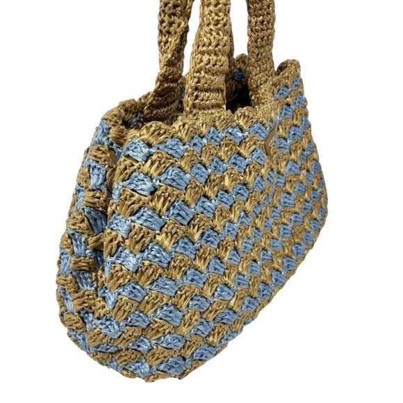 PRADA Vintage Logo Raffia Tote Bag Stripe Blue Beige Polyethylene Snap [105516] - Picture 7 of 14
